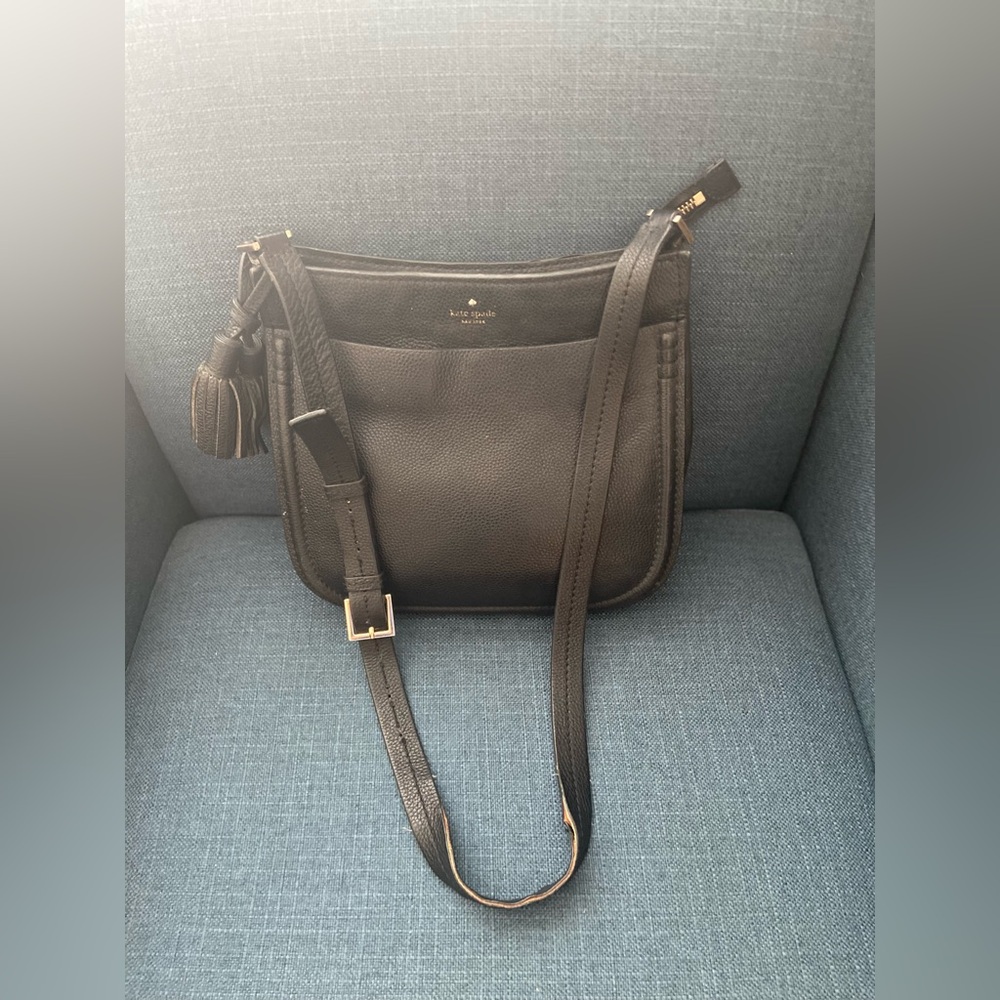 Kate Spade Black Leather Crossbody Bag Silver Tone Hardware Tassel Charms